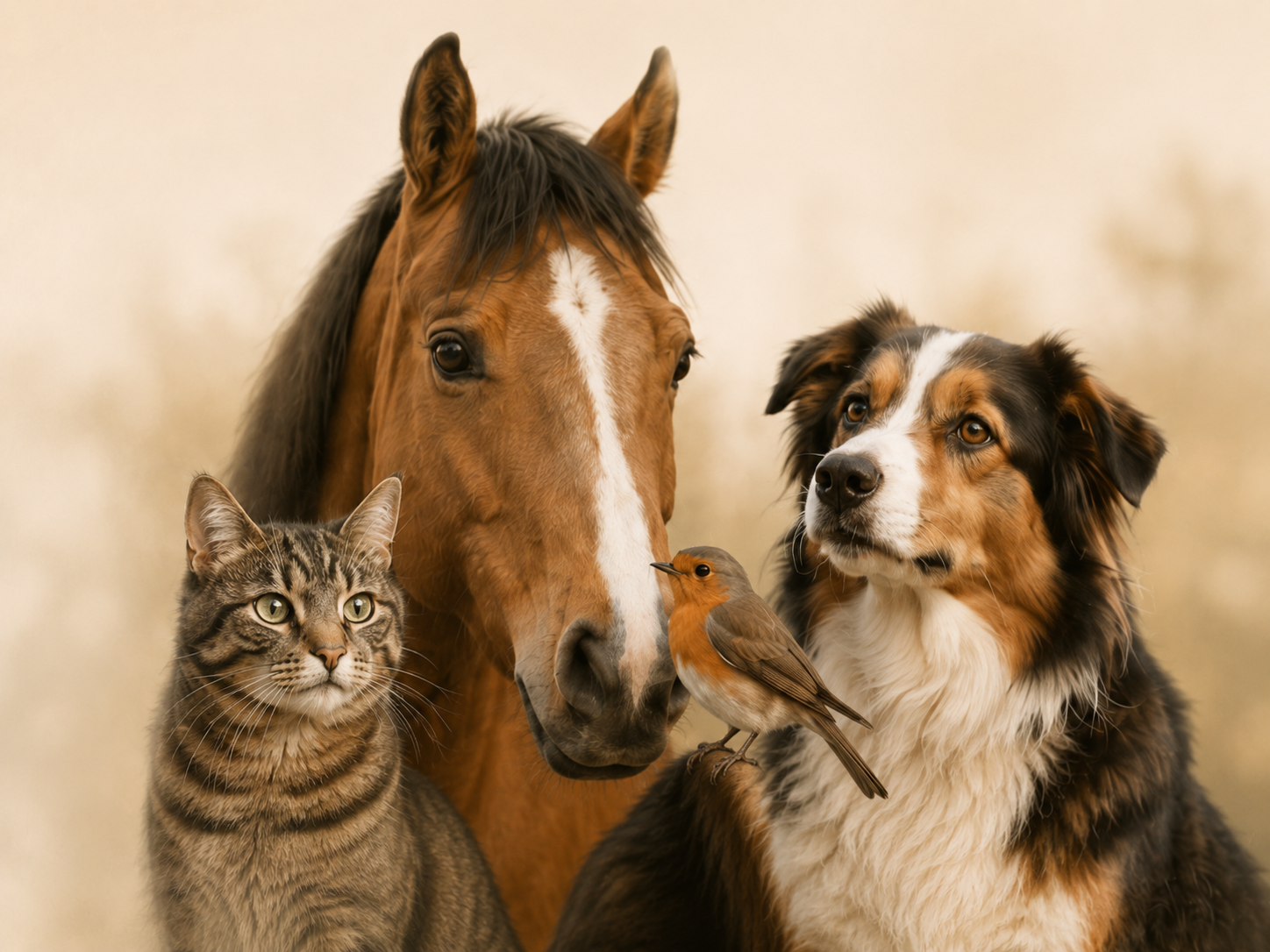 Cheval, chat, oiseau et chien